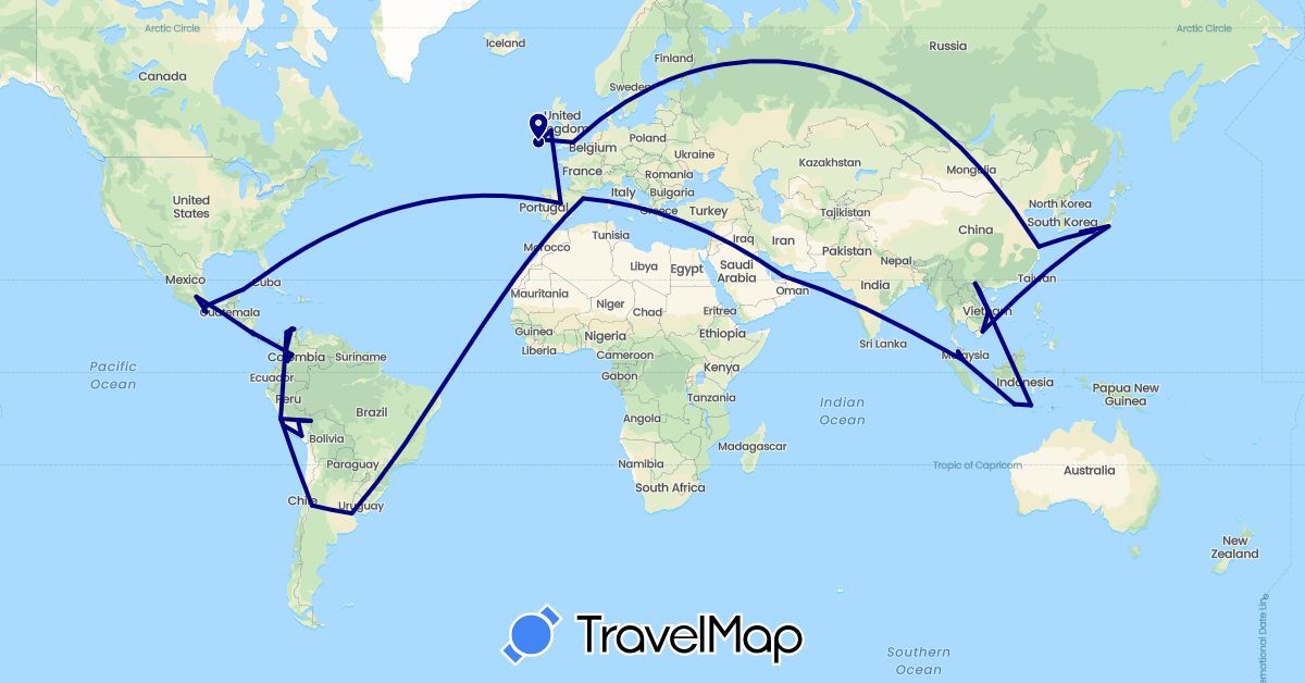 TravelMap itinerary: driving in United Arab Emirates, Argentina, China, Colombia, Costa Rica, Spain, United Kingdom, Indonesia, Ireland, Japan, Mexico, Malaysia, Peru, Vietnam (Asia, Europe, North America, South America)
